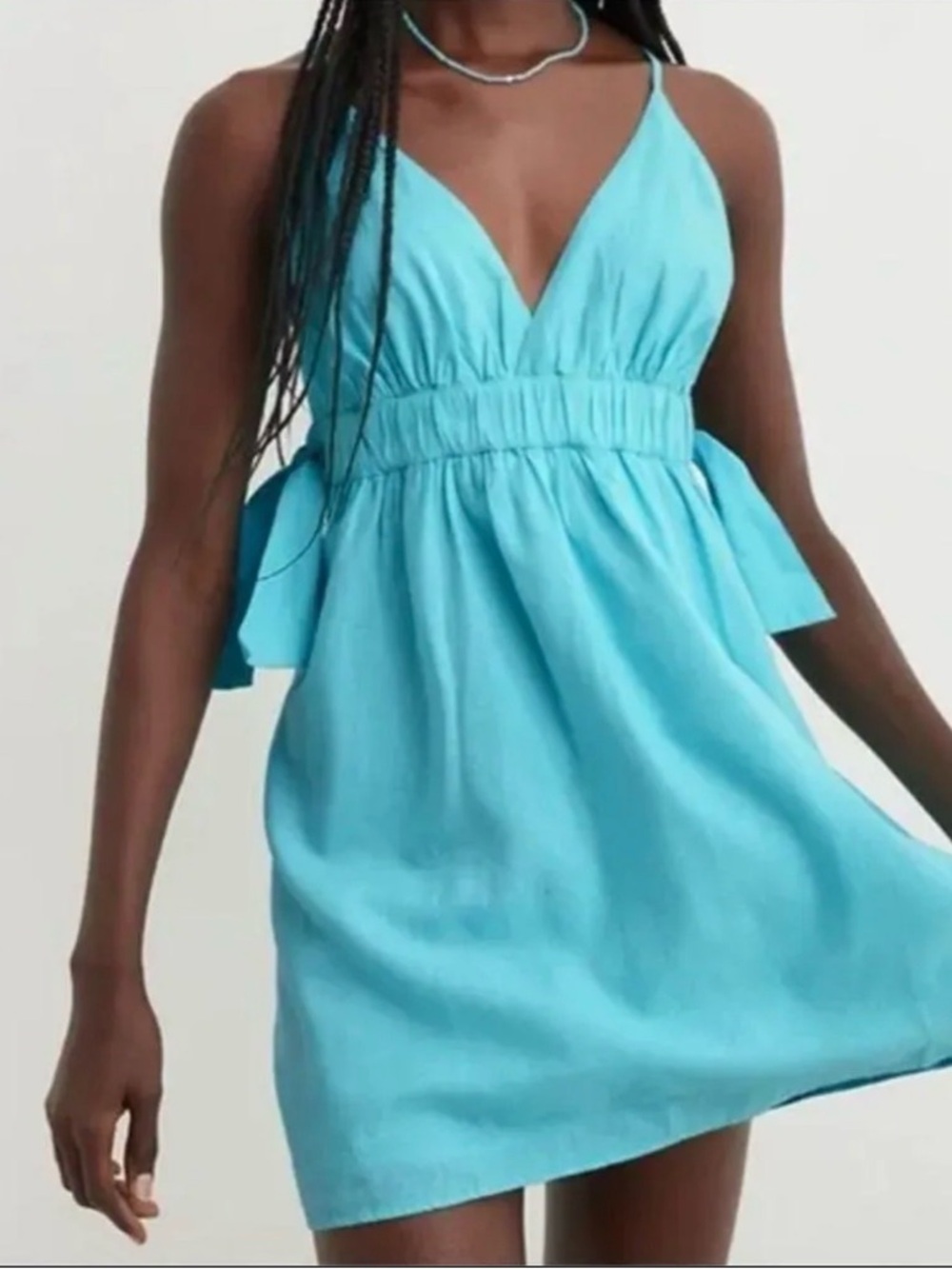 Aerie Blue Linen Blend Side Tie Mini Dress vneck  boho coquette Size large